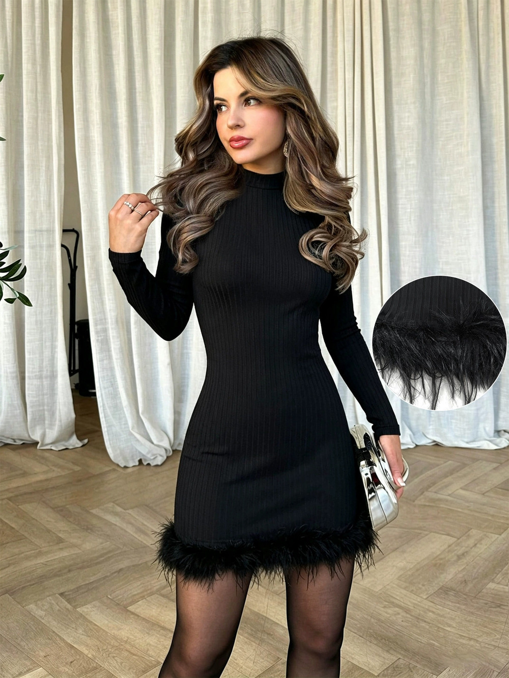 ZARA Mock Neck Long Sleeve Bodycon Mini Dress Feather Fall Winter Slimming